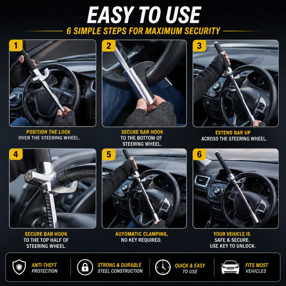 SOGO anti-theft steering wheel lock in Pakistan
Heavy-duty steering wheel security lock
Universal car steering wheel lock
Vehicle anti-theft lock | Carbro.pk
Car security steering lock for vehicles