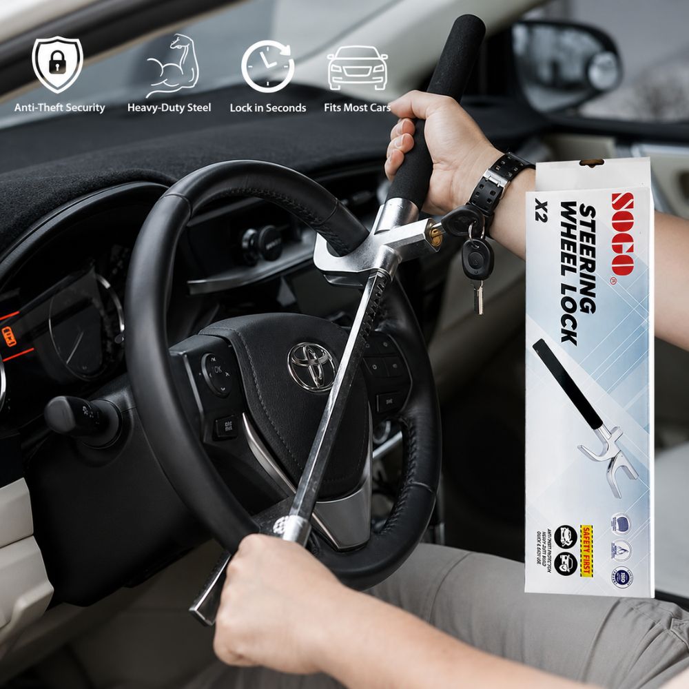 SOGO anti-theft steering wheel lock in Pakistan
Heavy-duty steering wheel security lock
Universal car steering wheel lock
Vehicle anti-theft lock | Carbro.pk
Car security steering lock for vehicles