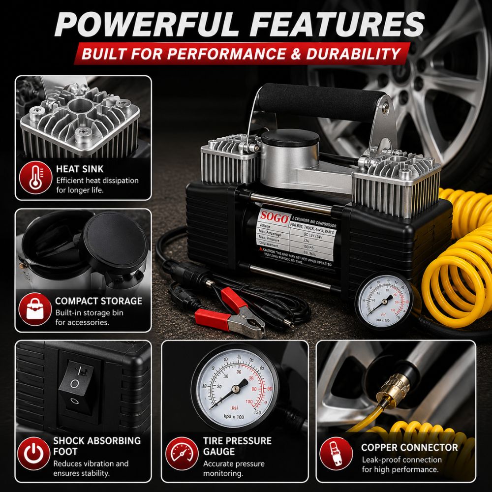 SOGO dual cylinder air compressor pump in Pakistan
Portable tire inflator for cars and SUVs
High pressure car air compressor
Vehicle tire inflation pump | Carbro.pk
Dual cylinder air pump with pressure gauge