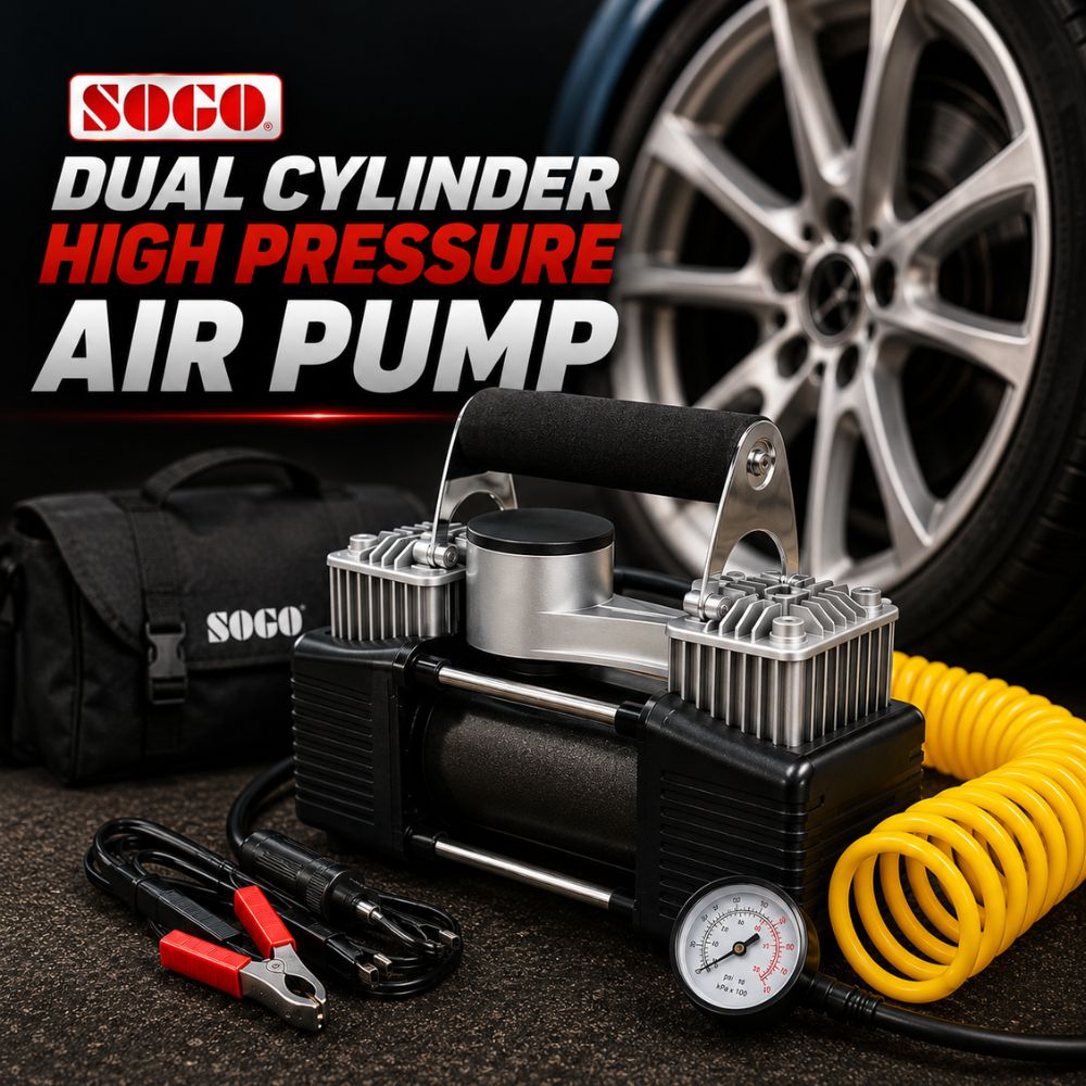 SOGO dual cylinder air compressor pump in Pakistan
Portable tire inflator for cars and SUVs
High pressure car air compressor
Vehicle tire inflation pump | Carbro.pk
Dual cylinder air pump with pressure gauge
