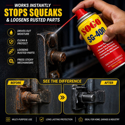 SOGO SG-400 lubricant spray
Multi-purpose rust remover spray
Automotive lubricant spray
Penetrating oil for rusted parts
Metal protection lubricant
