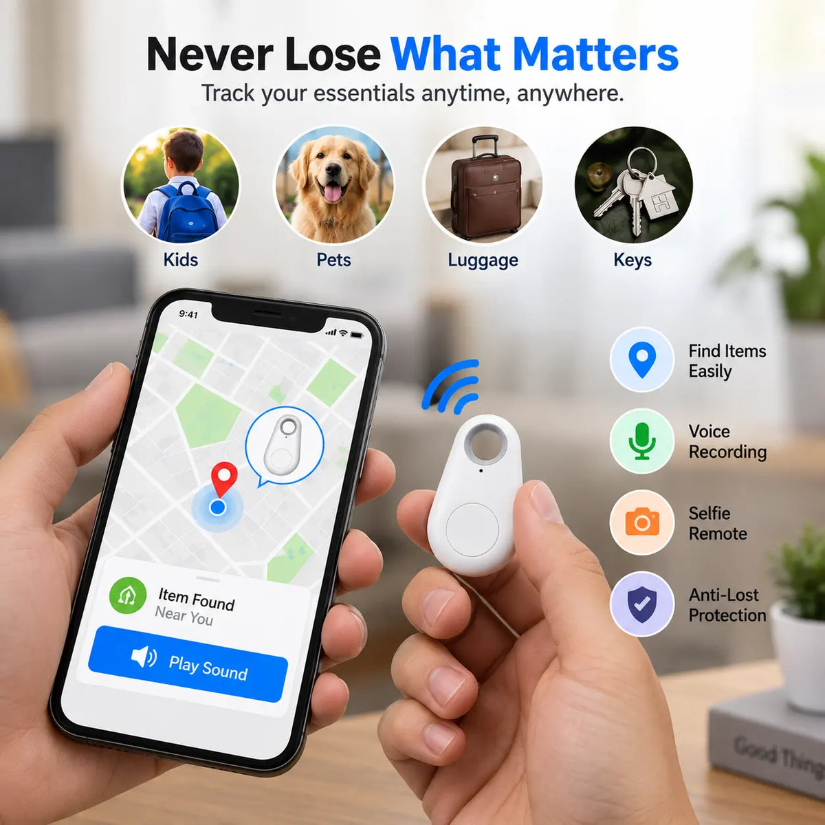Smart Bluetooth GPS Tracker Key Finder & Anti-Lost Device  Mini Wireless Item Locator for Keys, Wallet, Bags, Pets & Everyday Essentials with Remote Selfie, Voice Recording & Long Battery Life