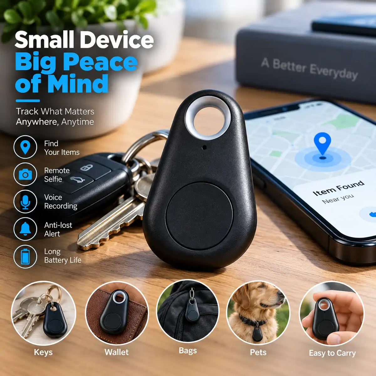 Smart Bluetooth GPS Tracker Key Finder & Anti-Lost Device  Mini Wireless Item Locator for Keys, Wallet, Bags, Pets & Everyday Essentials with Remote Selfie, Voice Recording & Long Battery Life