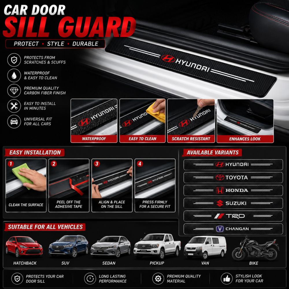 Universal car door sill guard protector in Pakistan
Carbon fiber car door sill protector
Scratch resistant door sill guard for cars
Car door entry protection strip | Carbro.pk
Waterproof car sill guard protector