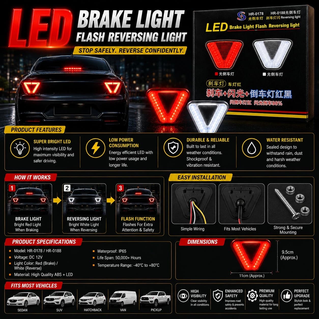 Universal LED Brake Light Flash Reversing Light – Triangle Rear Safety Brake & Reverse Light (12V)