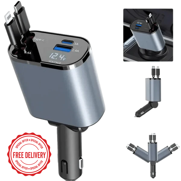 CarBro 4-in-1 Retractable Car Charger | Fast Charging Multi Cable Car Adapter