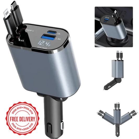 CarBro 4-in-1 Retractable Car Charger | Fast Charging Multi Cable Car Adapter