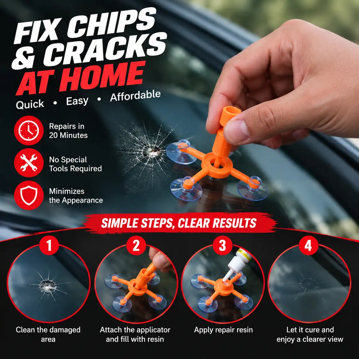 Windshield Crack & Chip Repair Kit | DIY Car Glass Repair Tool with Resin Applicator, Vacuum Suction System