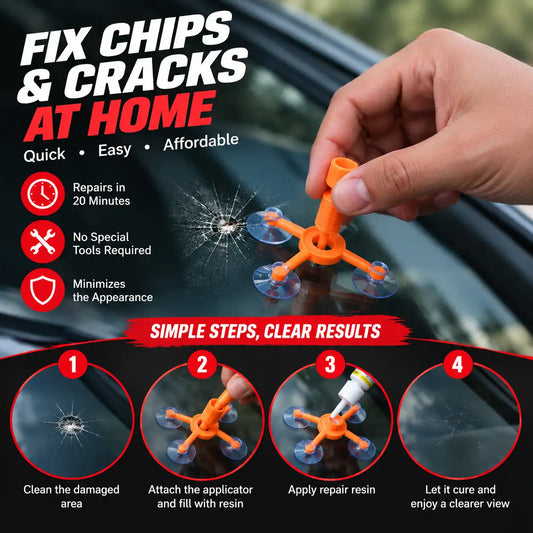 Windshield Crack & Chip Repair Kit | DIY Car Glass Repair Tool with Resin Applicator, Vacuum Suction System