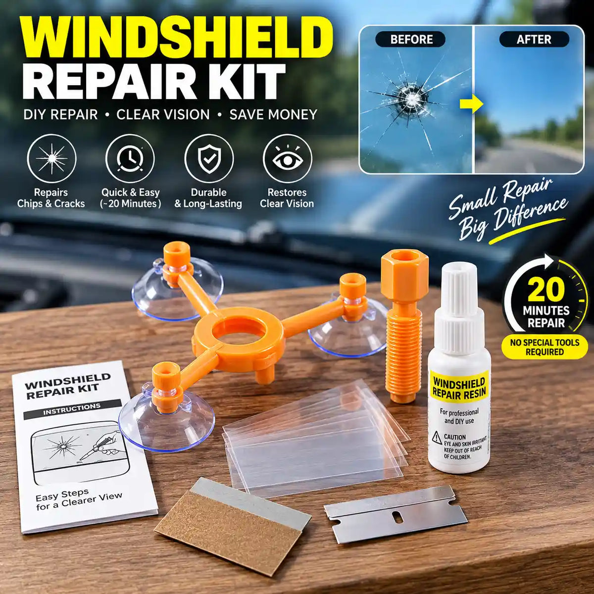Windshield Crack & Chip Repair Kit | DIY Car Glass Repair Tool with Resin Applicator, Vacuum Suction System