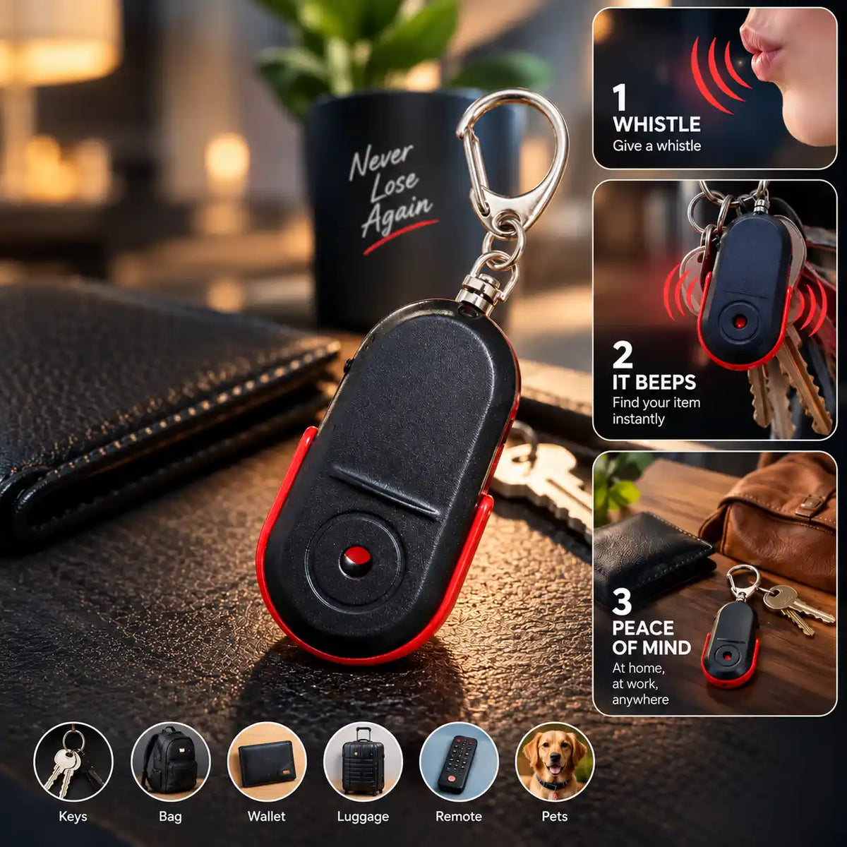 Wireless Anti-Lost Alarm Key Finder Whistle Sound LED Light Key chain