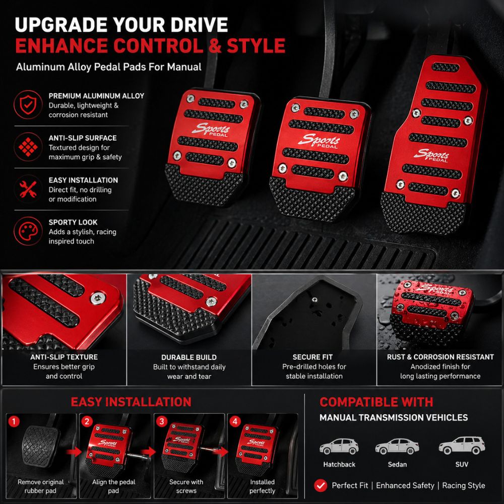 Aluminum Alloy Car Pedal Pads (Manual) – Non - Slip Sport Racing Foot Pedals, Durable & Stylish Universal Set of 3 - CarBro