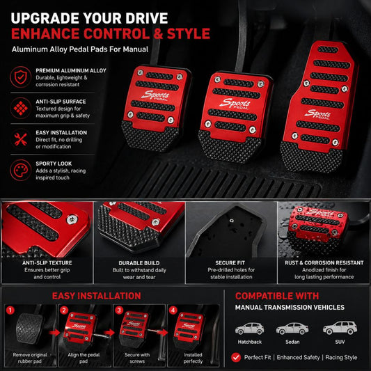 Aluminum Alloy Car Pedal Pads (Manual) – Non - Slip Sport Racing Foot Pedals, Durable & Stylish Universal Set of 3 - CarBro
