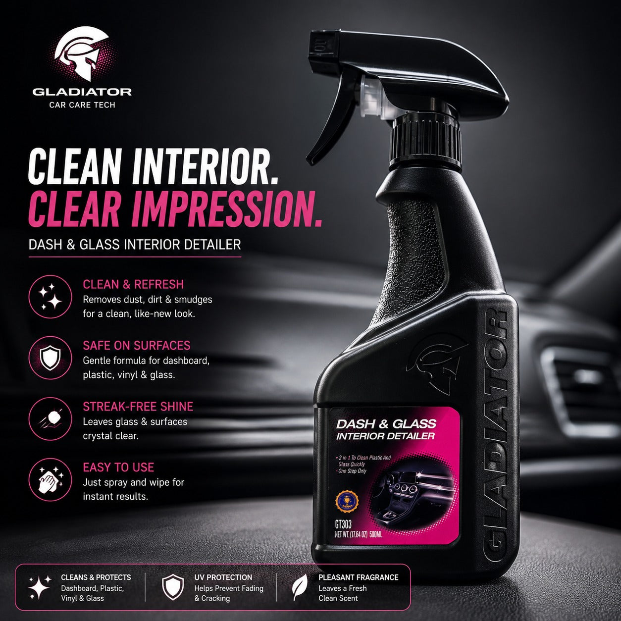 car interior cleaner, dashboard cleaner spray, glass detailer, interior detailing spray, car cleaning spray, streak free cleaner