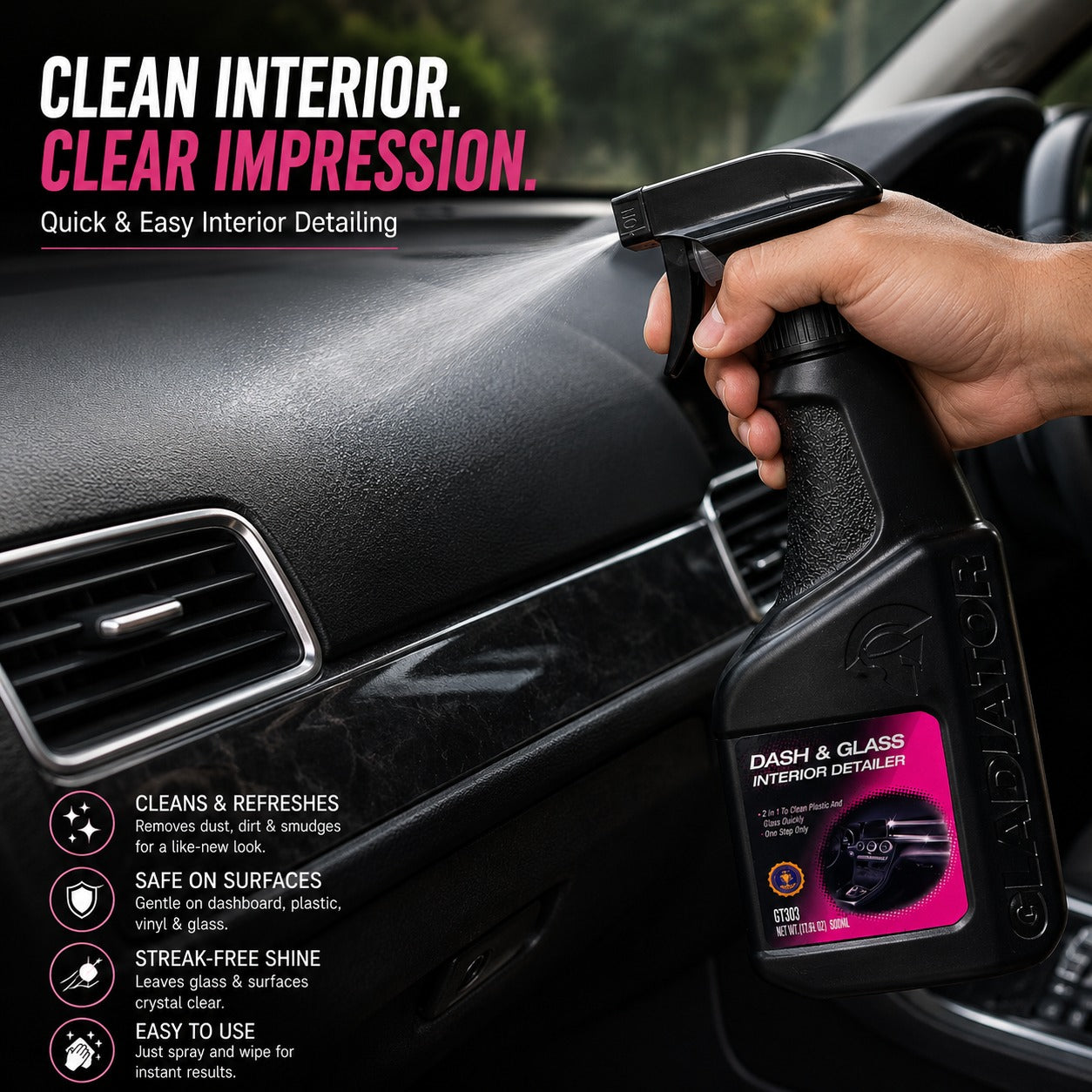 car interior cleaner, dashboard cleaner spray, glass detailer, interior detailing spray, car cleaning spray, streak free cleaner