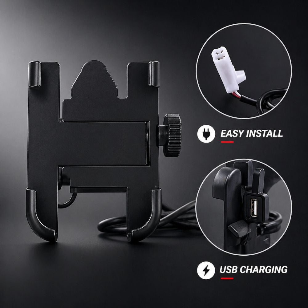 Metal Bike Mobile Holder with USB Charger – Heavy Duty Anti - Shake Motorcycle Phone Mount, Universal Handlebar Holder for All Smartphones - CarBro