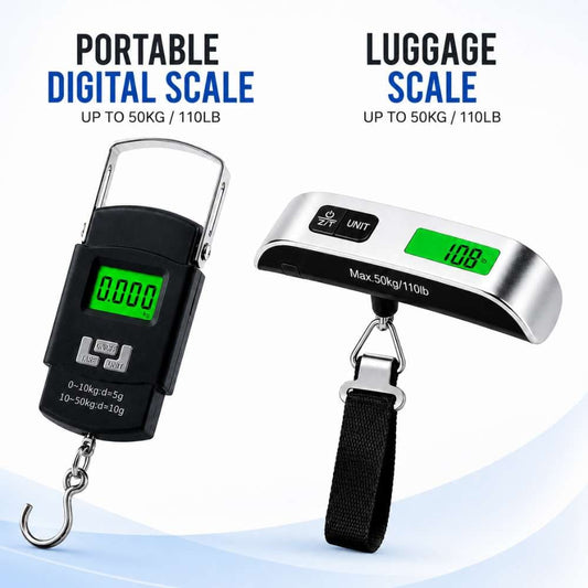 Portable Digital Luggage Scale – 50KG/110LB Travel Hanging & Strap Scales with LCD Display - CarBro