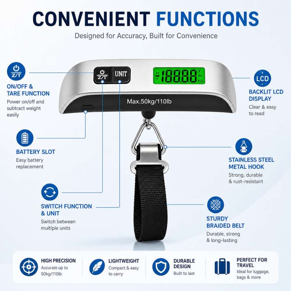 Portable Digital Luggage Scale – 50KG/110LB Travel Hanging & Strap Scales with LCD Display - CarBro
