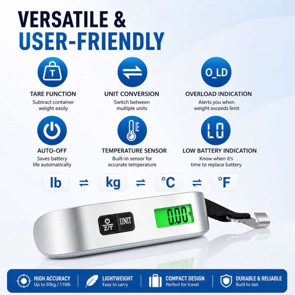 Portable Digital Luggage Scale – 50KG/110LB Travel Hanging & Strap Scales with LCD Display - CarBro