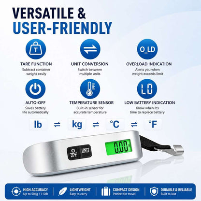 Portable Digital Luggage Scale – 50KG/110LB Travel Hanging & Strap Scales with LCD Display - CarBro