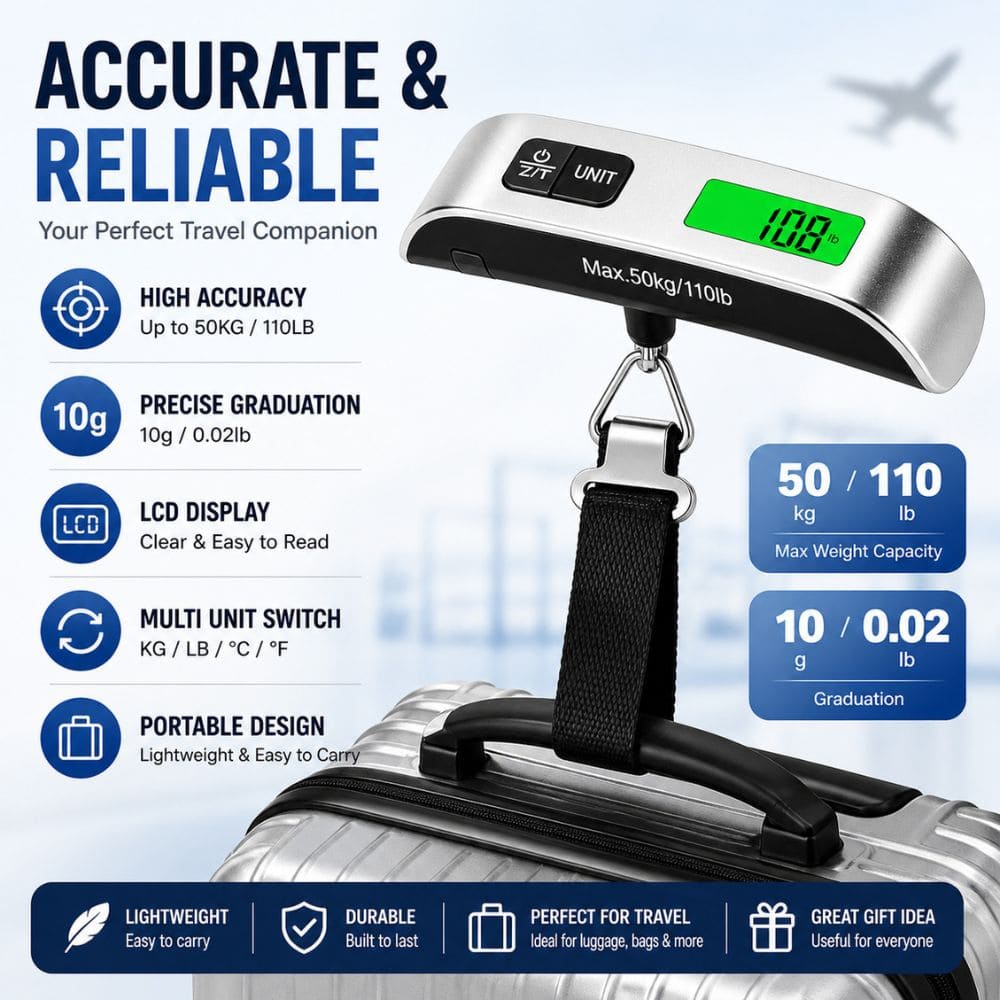 Portable Digital Luggage Scale – 50KG/110LB Travel Hanging & Strap Scales with LCD Display - CarBro
