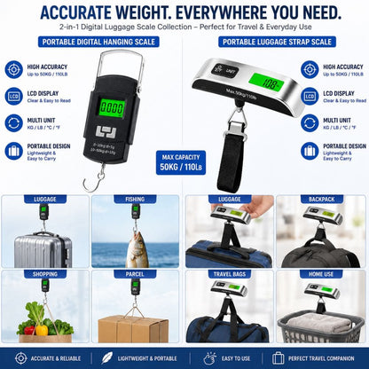 Portable Digital Luggage Scale – 50KG/110LB Travel Hanging & Strap Scales with LCD Display - CarBro