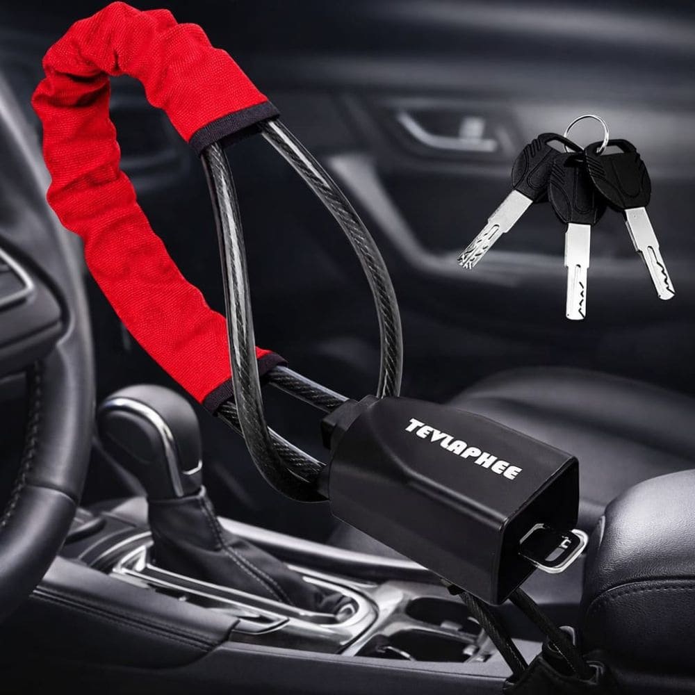 Seat Belt Steering Wheel Lock – Anti - Theft Car Security Lock with Key, Heavy Duty Steel Strap (Quick Install) - CarBro
