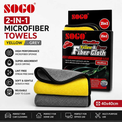 Sogo Microfiber Towels Yellow & Grey 2 - In - 1 40×40 (1200 GSM) - CarBro