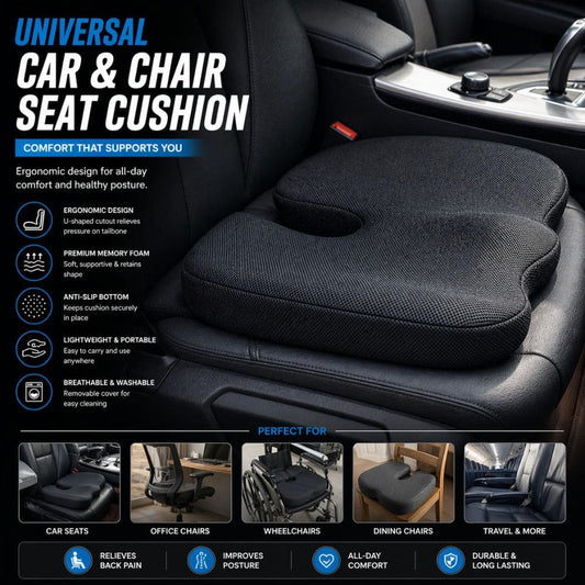 Universal Memory Foam Seat Cushion – U Shape Orthopedic Hip Support for Car & Office Chair - CarBro